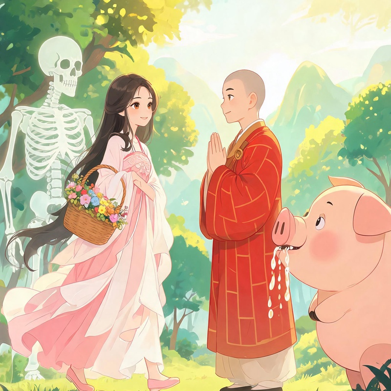 白骨精变成一个漂亮姐姐，笑眯眯地端着饭盒走来