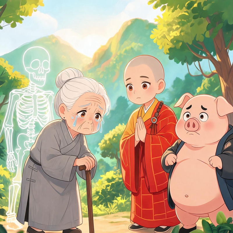 白骨精又变成老奶奶，拄着拐杖哭着走过来